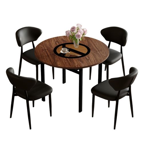 Ensemble Table Ronde 100 Cm Bois Marron Avec 4 Chaises Pu Noir, Salon Et Salle à Manger