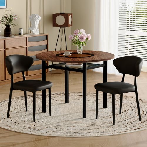Ensemble Table Ronde 100 Cm Effet Bois Brun Et 2 Chaises Pu Noir Pieds Métal