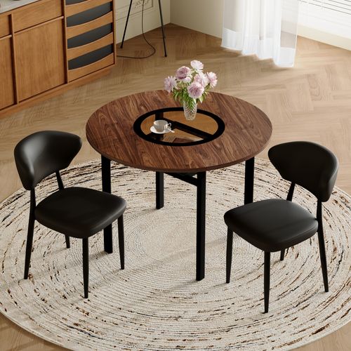 Ensemble Table Ronde 100 Cm Effet Bois Brun Et 2 Chaises Pu Noir Pieds Métal