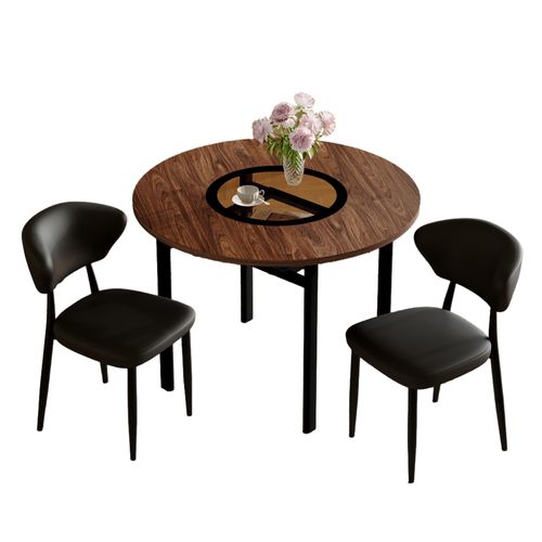 Ensemble Table Ronde 100 Cm Effet Bois Brun Et 2 Chaises Pu Noir Pieds Métal