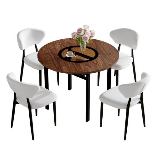 Ensemble Table Ronde 100 Cm Effet Bois Et 4 Chaises Pu Blanc, Salon Et Salle à Manger