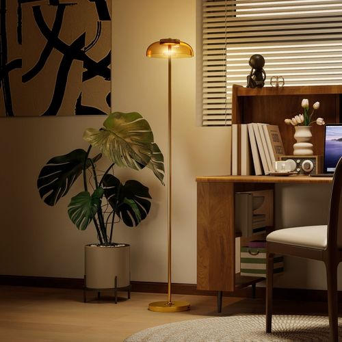 Lampadaire Sur Pied LED 3000k 25x25x134 Cm, Fini Laiton Antique, Abat-jour En Verre, Pédale