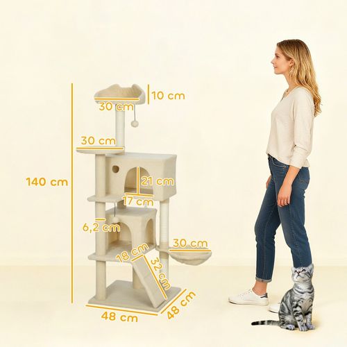 Arbre à Chat 48 X 48 X 140 Cm Beige Avec Hamac, Échelle, Grotte Et Poteaux En Sisal