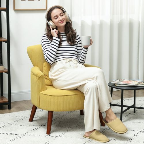 Fauteuil Jaune Avec Coussin Lombaire Et Pieds En Bois D'hévéa