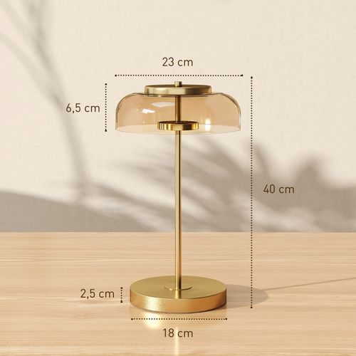 Lampe à Poser De Table LED Ø23 X H40 Cm, Abat-jour Verre Ambre, Socle Métal Doré