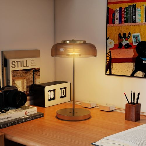 Lampe à Poser De Table LED Ø23 X H40 Cm, Abat-jour Verre Ambre, Socle Métal Doré