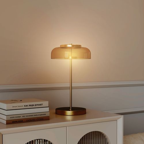 Lampe à Poser De Table LED Ø23 X H40 Cm, Abat-jour Verre Ambre, Socle Métal Doré