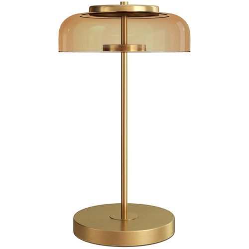 Lampe à Poser De Table LED Ø23 X H40 Cm, Abat-jour Verre Ambre, Socle Métal Doré
