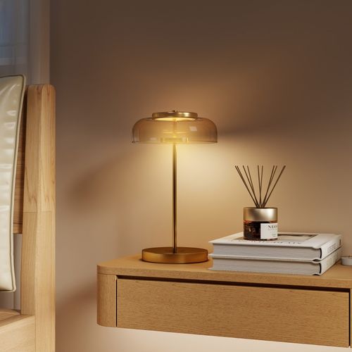 Lampe à Poser De Table LED Ø23 X H40 Cm, Abat-jour Verre Ambre, Socle Métal Doré
