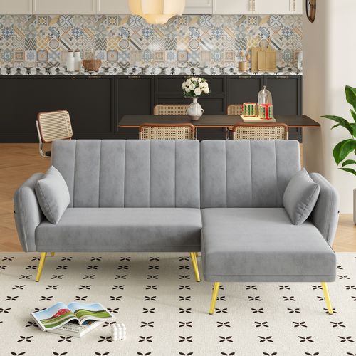 Canapé D’angle Convertible 3 Places Avec Méridienne Réversible, Velours Gris