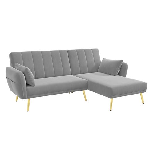 Canapé D’angle Convertible 3 Places Avec Méridienne Réversible, Velours Gris