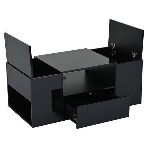 Table Basse Noire Salon 100 X 50 X 40 Cm Avec 1 Tiroir, 2 Portes Et LED, Laqué Noir