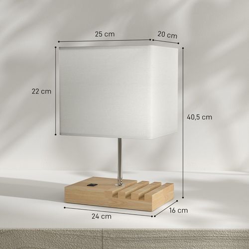 Lampe à Poser 25 X 20 X 40,5 Cm Avec Ports USB-a/type-c, Abat-jour Tissu Blanc, Base En Bois
