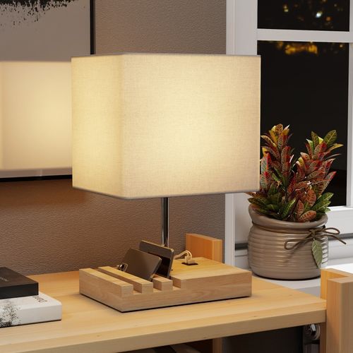Lampe à Poser 25 X 20 X 40,5 Cm Avec Ports USB-a/type-c, Abat-jour Tissu Blanc, Base En Bois