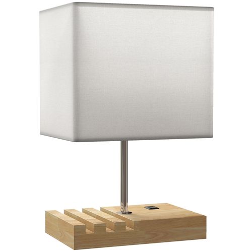 Lampe à Poser 25 X 20 X 40,5 Cm Avec Ports USB-a/type-c, Abat-jour Tissu Blanc, Base En Bois