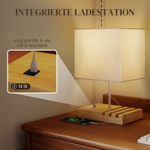Lampe à Poser 25 X 20 X 40,5 Cm Avec Ports USB-a/type-c, Abat-jour Tissu Blanc, Base En Bois