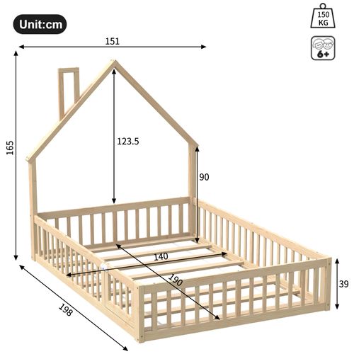 Lit Cabane Enfant 140x190 Cm En Pin Naturel Avec Sommier à Lattes, Lit Bas Au Sol