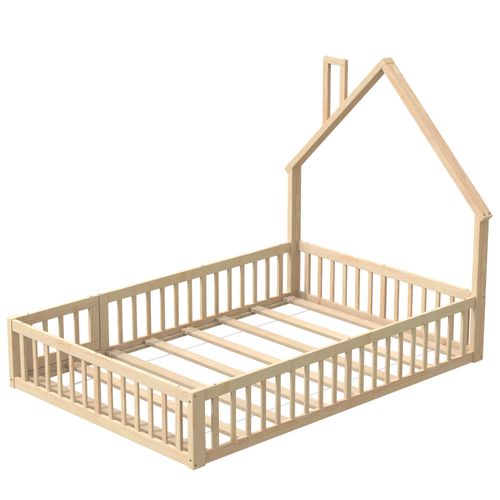 Lit Cabane Enfant 140x190 Cm En Pin Naturel Avec Sommier à Lattes, Lit Bas Au Sol