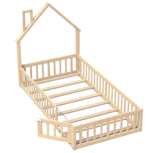 Lit Cabane Enfant 90x200 Cm Bois De Pin Naturel Avec Sommier à Lattes, Lit Au Sol