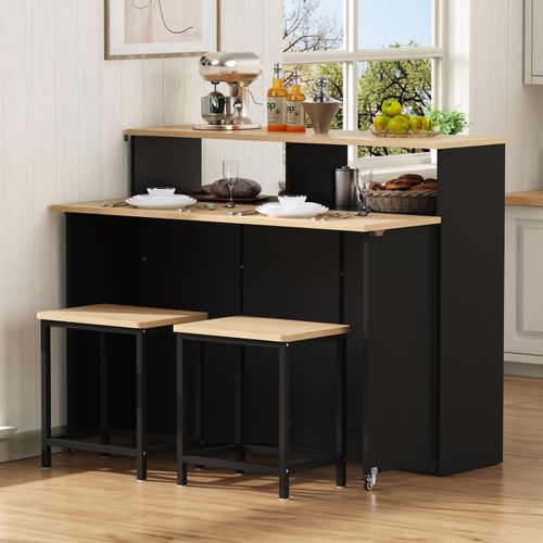 Meuble De Bar, Îlot Sur Roulettes Avec Plateau Rabattable 110x34 Cm Et 2 Tabourets, Noir