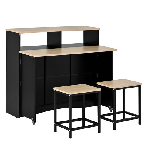 Meuble De Bar, Îlot Sur Roulettes Avec Plateau Rabattable 110x34 Cm Et 2 Tabourets, Noir