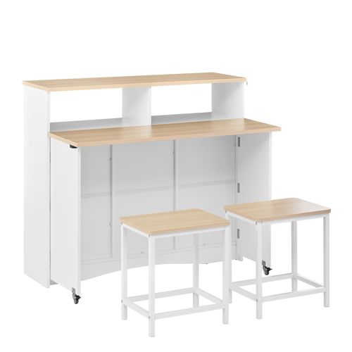 Meuble De Bar, Îlot Sur Roulettes Avec Plateau Rabattable 110x34 Cm Et 2 Tabourets, Blanc