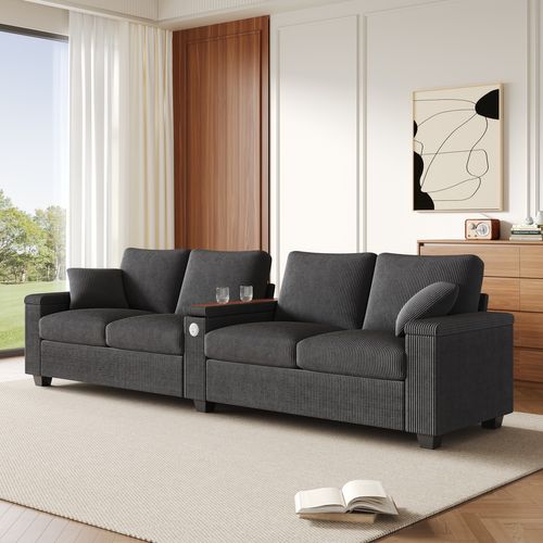 Canapé 4 Places 299x80 Cm En Velours Côtelé Gris Avec Ports USB/type-c Et Rangements