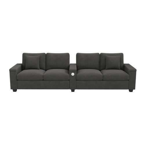 Canapé 4 Places 299x80 Cm En Velours Côtelé Gris Avec Ports USB/type-c Et Rangements