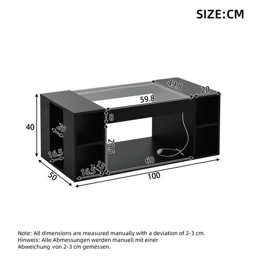 Table Basse Noir 100x50x40 Cm Avec LED Et Espace De Rangement Central