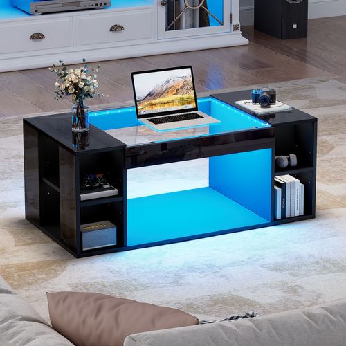 Table Basse Noir 100x50x40 Cm Avec LED Et Espace De Rangement Central