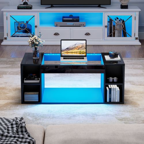 Table Basse Noir 100x50x40 Cm Avec LED Et Espace De Rangement Central