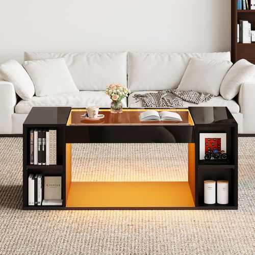 Table Basse Noir 100x50x40 Cm Avec LED Et Espace De Rangement Central