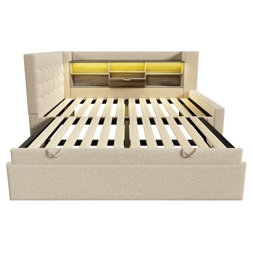 Lit Enfant Gigogne 90x190/200 Cm Extensible 180x200 Cm Avec LED, Ports USB/type-c, Lin Beige