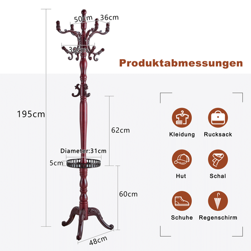 Porte-manteau Sur Pied 195 Cm En Bois Noyer Avec Crochets, Base Métal Et Pieds Antidérapants