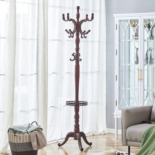 Porte-manteau Sur Pied 195 Cm En Bois Noyer Avec Crochets, Base Métal Et Pieds Antidérapants