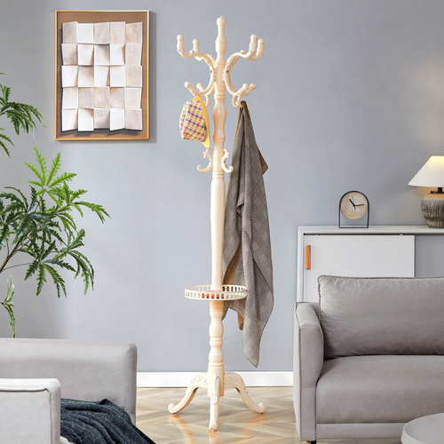 Porte-manteau Sur Pied 195 Cm En Bois Blanc Avec Crochets, Base Métal Et Pieds Antidérapants