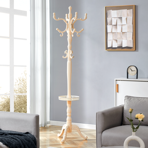 Porte-manteau Sur Pied 195 Cm En Bois Blanc Avec Crochets, Base Métal Et Pieds Antidérapants