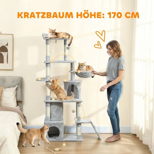 Arbre à Chat 170 Cm Avec Tunnel, 2 Niches, Hamac Et Poteaux En Sisal, Base Large, Gris Clair