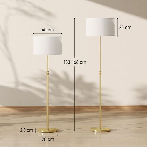 Lampadaire Acier Doré, Abat-jour Lin, Hauteur Réglable 133-168 Cm, Télécommande