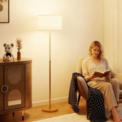 Lampadaire Acier Doré, Abat-jour Lin, Hauteur Réglable 133-168 Cm, Télécommande