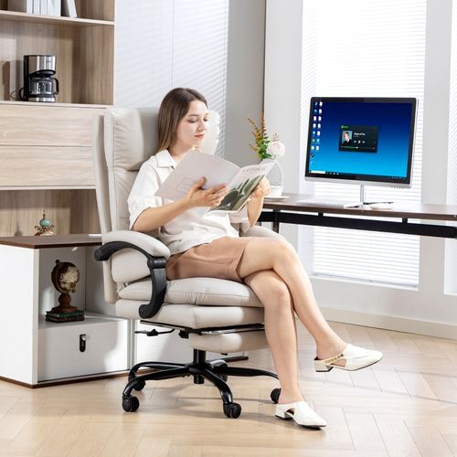 Fauteuil De Bureau Réglable 66x60x113-121 Cm, Dossier Haut, Repose-pieds, Simili Gris Clair