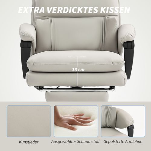 Fauteuil De Bureau Réglable 66x60x113-121 Cm, Dossier Haut, Repose-pieds, Simili Gris Clair