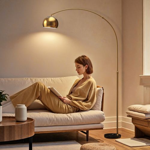 Lampadaire Arqué H180 Cm Métal Noir Et Socle En Marbre, Abat-jour Orientable