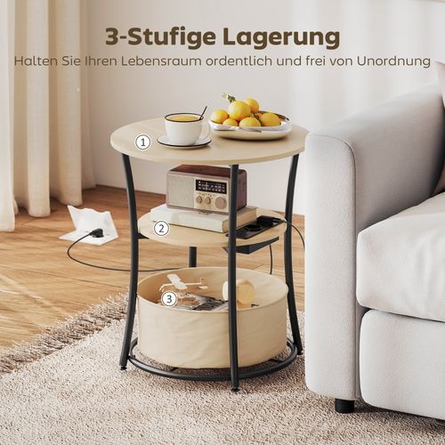 Table D'appoint 50 X 55,1 Cm Avec Prises Et Ports USB/type‑c, 3 Niveaux, Bois Naturel Et Métal