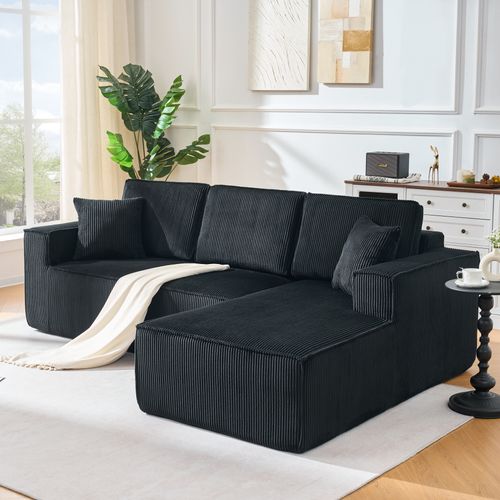 Canapé D'angle 3 Places 235x128 Cm Avec Méridienne Et 2 Coussins, Velours Côtelé Noir