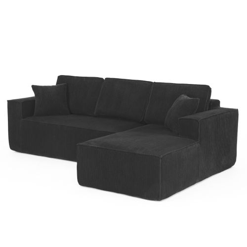 Canapé D'angle 3 Places 235x128 Cm Avec Méridienne Et 2 Coussins, Velours Côtelé Noir