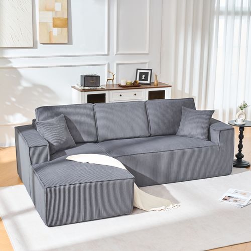 Canapé D'angle 3 Places 235x128 Cm Avec Méridienne, Velours Côtelé Gris