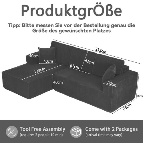 Canapé D'angle 3 Places 235x128 Cm Avec Méridienne, Velours Côtelé Noir