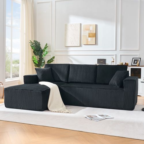 Canapé D'angle 3 Places 235x128 Cm Avec Méridienne, Velours Côtelé Noir