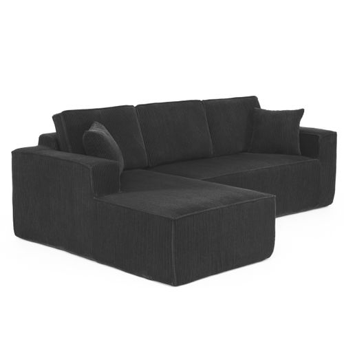 Canapé D'angle 3 Places 235x128 Cm Avec Méridienne, Velours Côtelé Noir